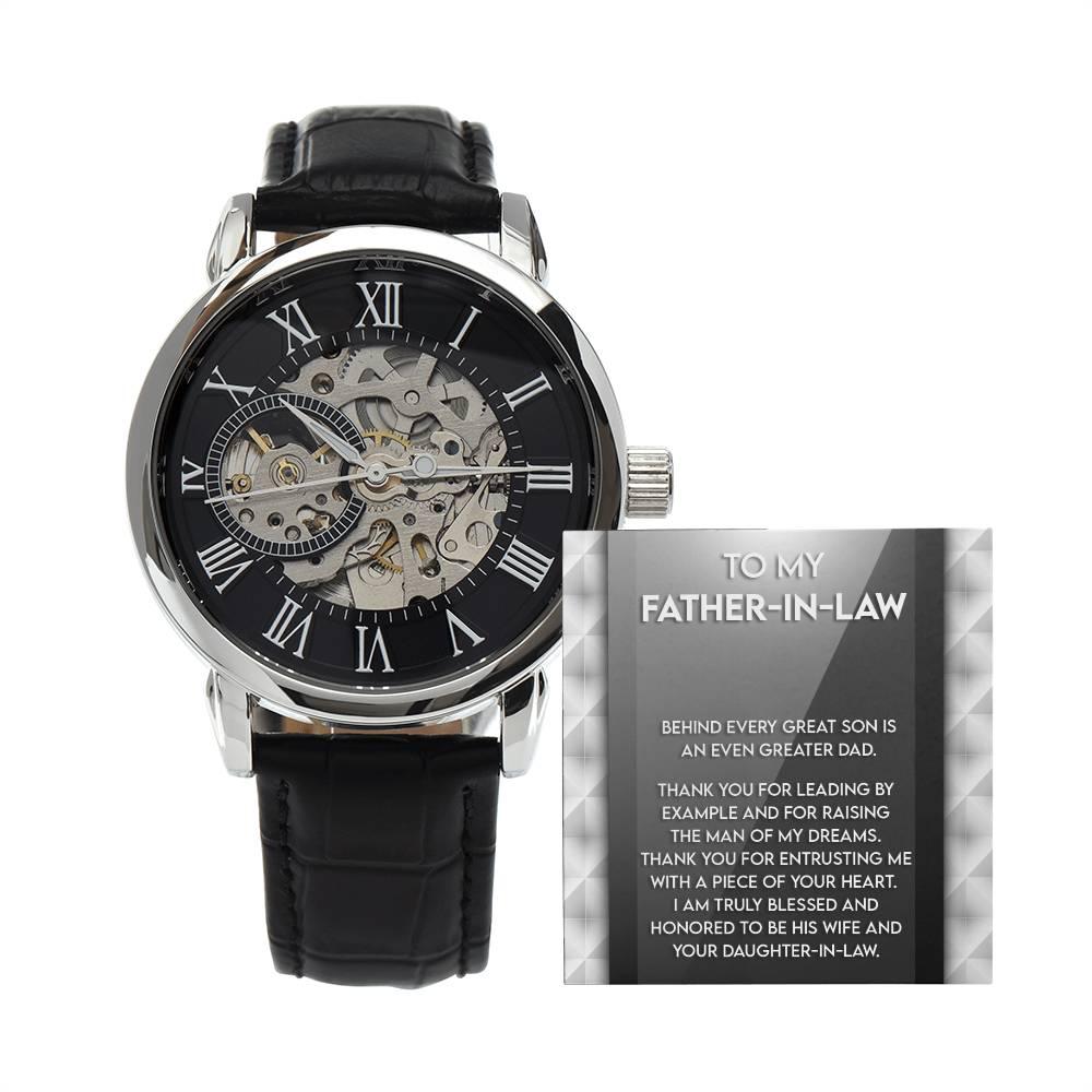 To My Father-in-Law Behind every Great Son is an Even Greater Dad Men's Openwork Watch with Gift Box - Mallard Moon Gift Shop