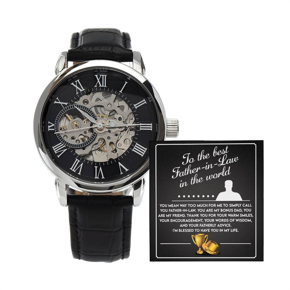 To the Best Father-In-Law My Bonus Dad, My Best Friend Men's Openwork Watch with Gift Box - Mallard Moon Gift Shop