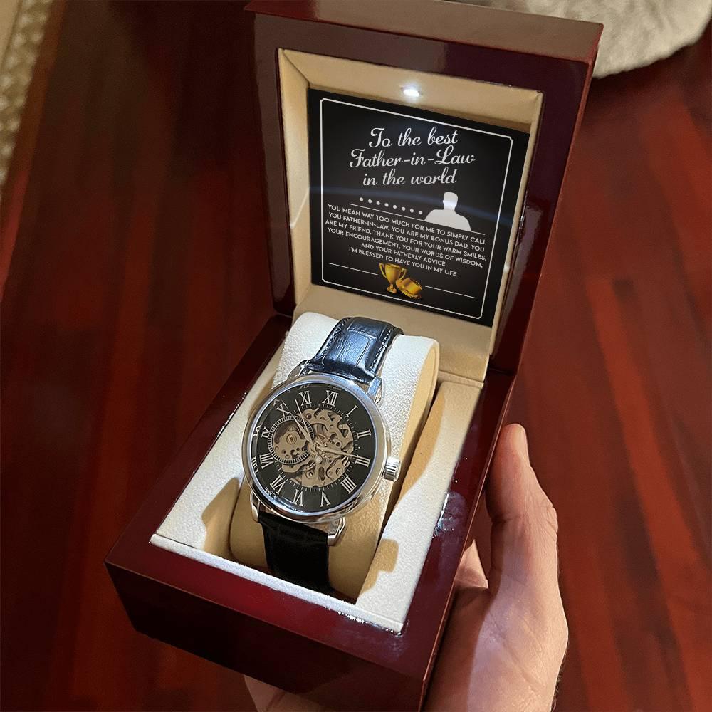 To the Best Father-In-Law My Bonus Dad, My Best Friend Men's Openwork Watch with Gift Box - Mallard Moon Gift Shop