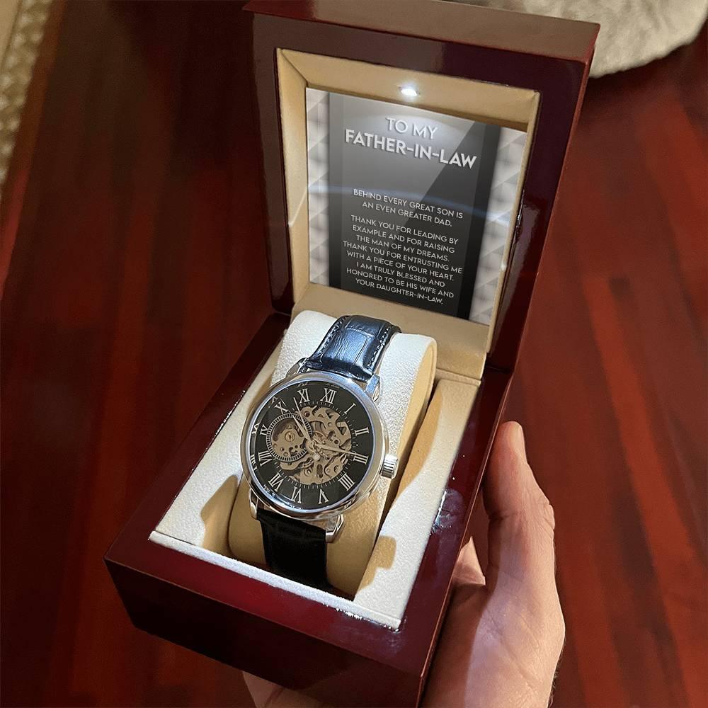 To My Father-in-Law Behind every Great Son is an Even Greater Dad Men's Openwork Watch with Gift Box - Mallard Moon Gift Shop