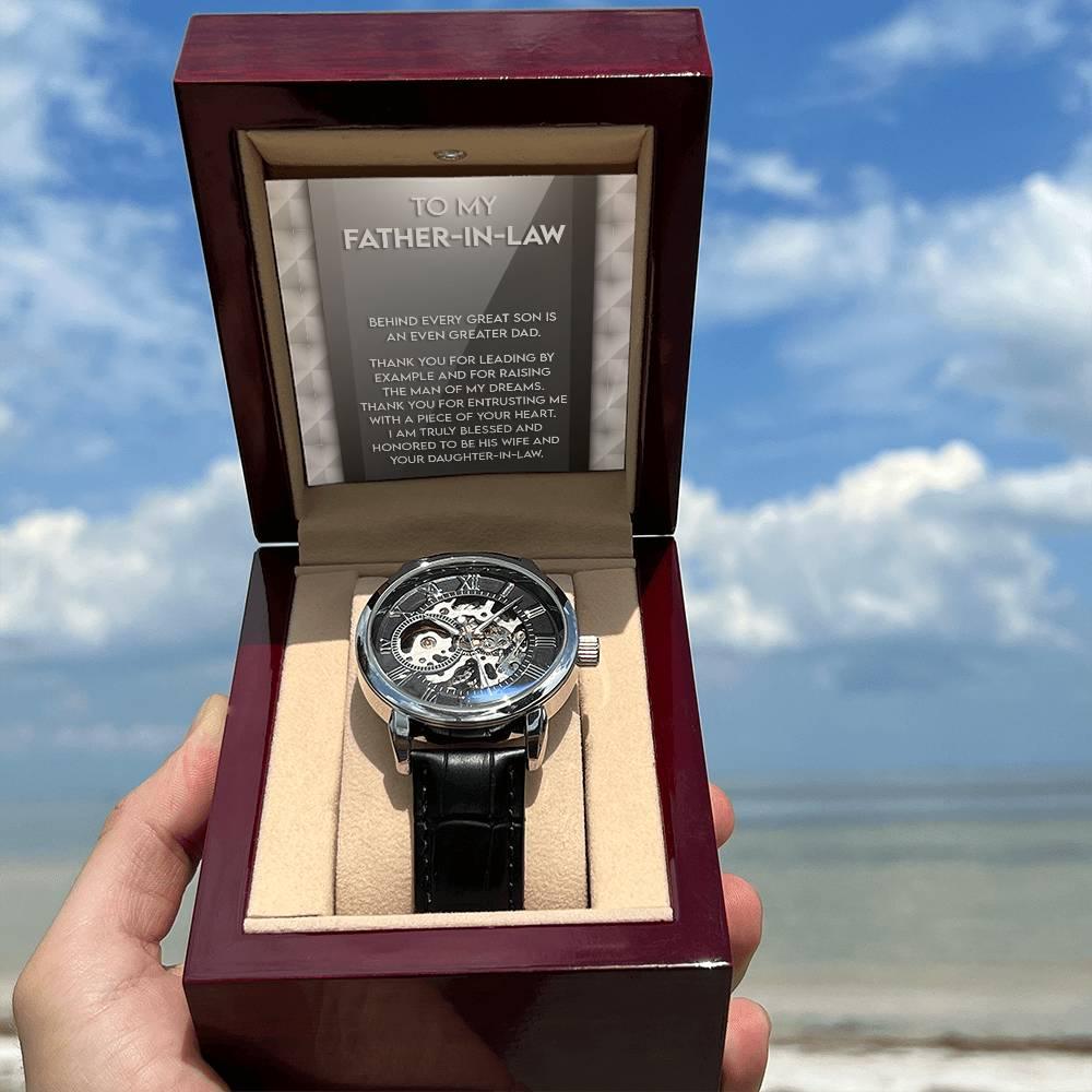 To My Father-in-Law Behind every Great Son is an Even Greater Dad Men's Openwork Watch with Gift Box - Mallard Moon Gift Shop