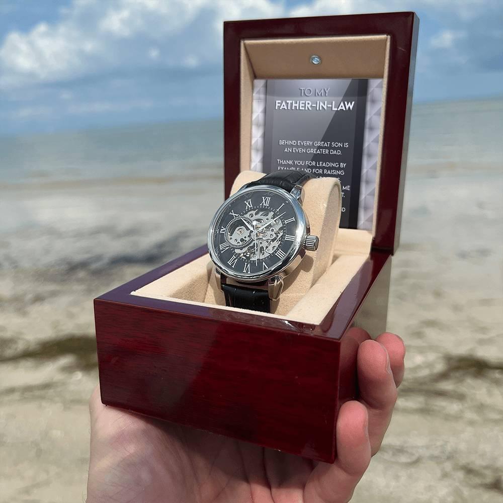 To My Father-in-Law Behind every Great Son is an Even Greater Dad Men's Openwork Watch with Gift Box - Mallard Moon Gift Shop