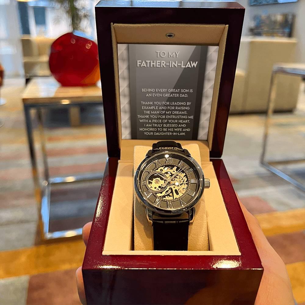 To My Father-in-Law Behind every Great Son is an Even Greater Dad Men's Openwork Watch with Gift Box - Mallard Moon Gift Shop