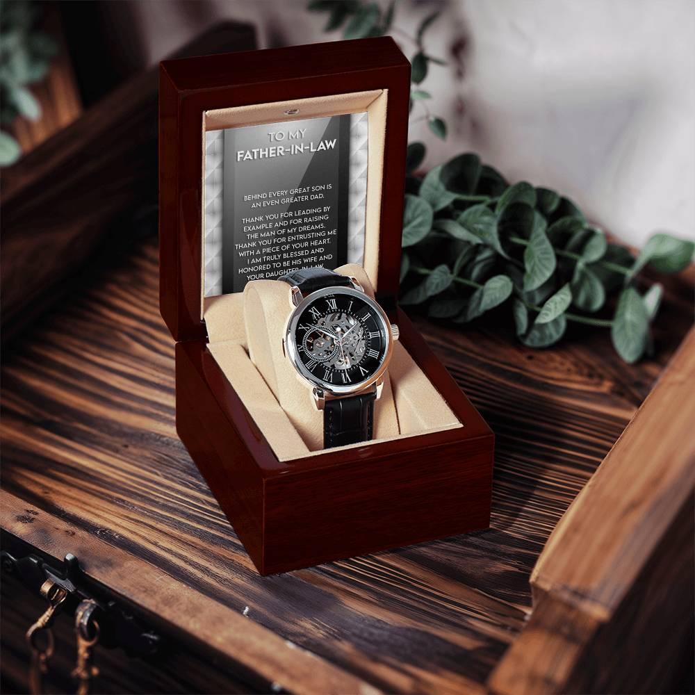 To My Father-in-Law Behind every Great Son is an Even Greater Dad Men's Openwork Watch with Gift Box - Mallard Moon Gift Shop