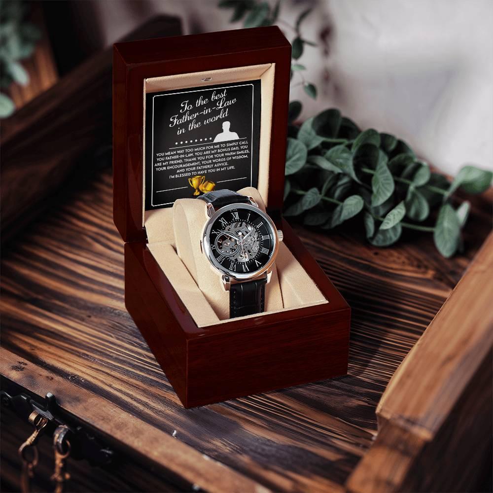 To the Best Father-In-Law My Bonus Dad, My Best Friend Men's Openwork Watch with Gift Box - Mallard Moon Gift Shop