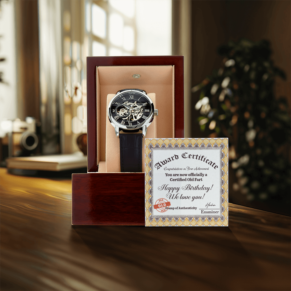 Certified Old Fart Birthday Watch – Men's Openwork Watch with Leather Band | Gag Gift for Dad, Grandpa, Husband or Friend - Mallard Moon Gift Shop
