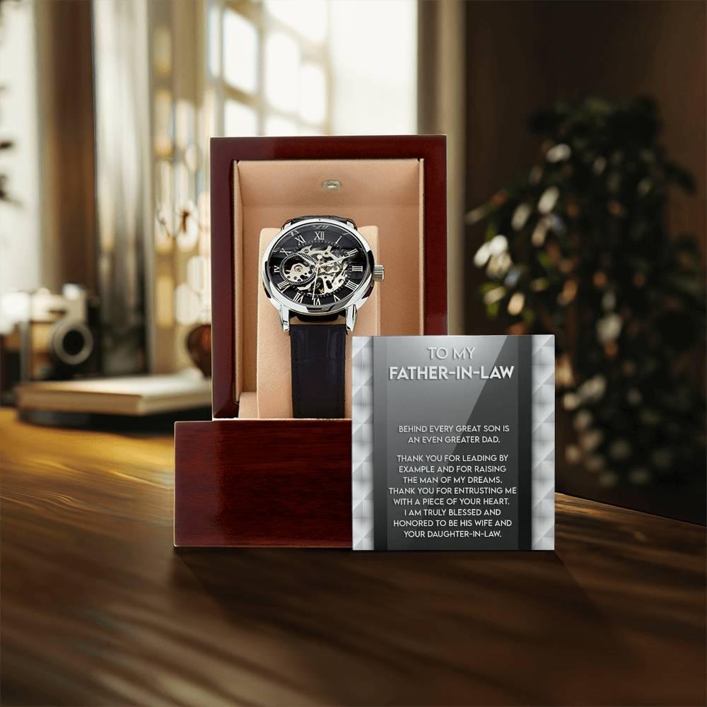 To My Father-in-Law Behind every Great Son is an Even Greater Dad Men's Openwork Watch with Gift Box - Mallard Moon Gift Shop