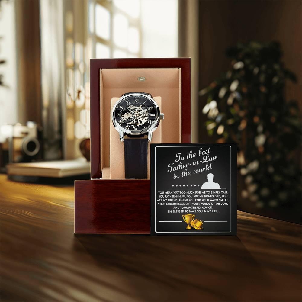 To the Best Father-In-Law My Bonus Dad, My Best Friend Men's Openwork Watch with Gift Box - Mallard Moon Gift Shop