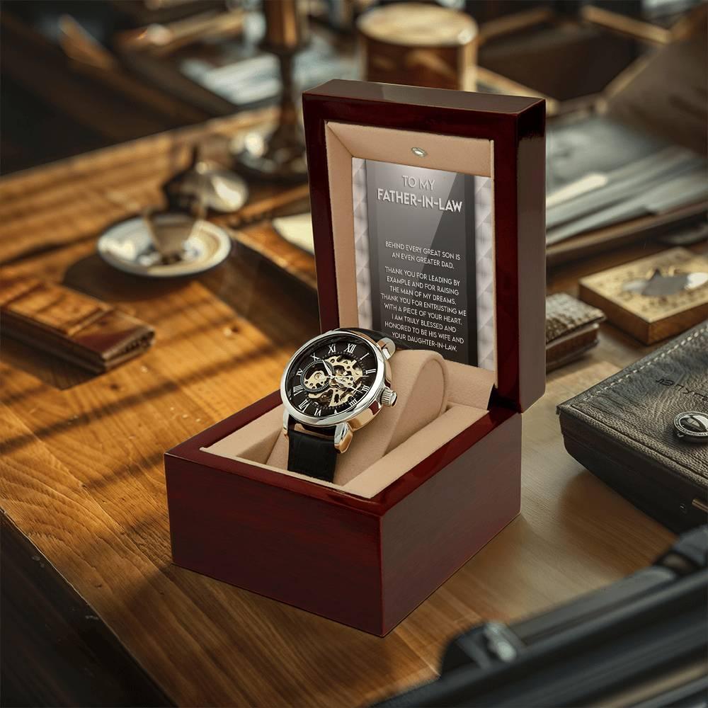 To My Father-in-Law Behind every Great Son is an Even Greater Dad Men's Openwork Watch with Gift Box - Mallard Moon Gift Shop