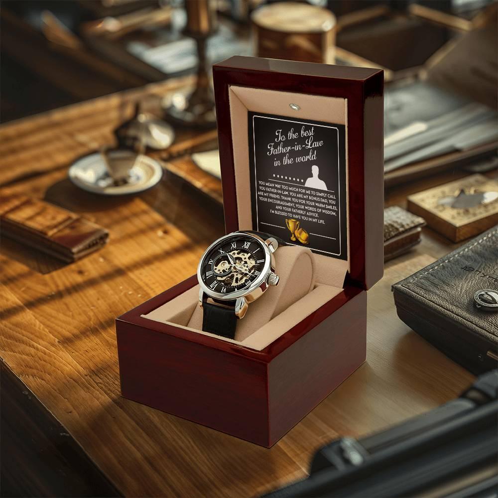 To the Best Father-In-Law My Bonus Dad, My Best Friend Men's Openwork Watch with Gift Box - Mallard Moon Gift Shop