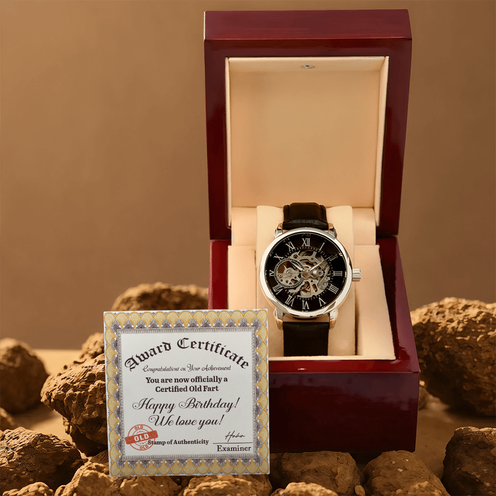 Certified Old Fart Birthday Watch – Men's Openwork Watch with Leather Band | Gag Gift for Dad, Grandpa, Husband or Friend - Mallard Moon Gift Shop