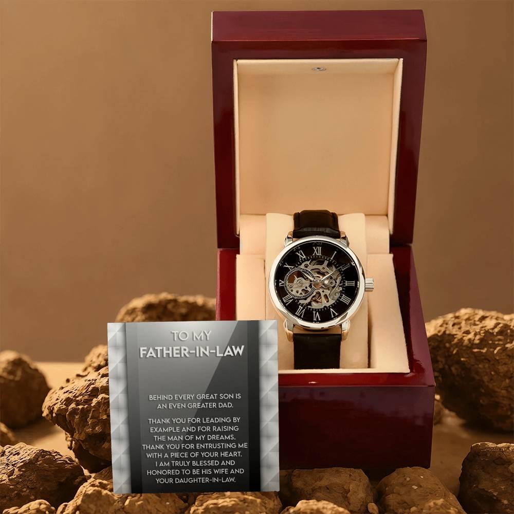 To My Father-in-Law Behind every Great Son is an Even Greater Dad Men's Openwork Watch with Gift Box - Mallard Moon Gift Shop
