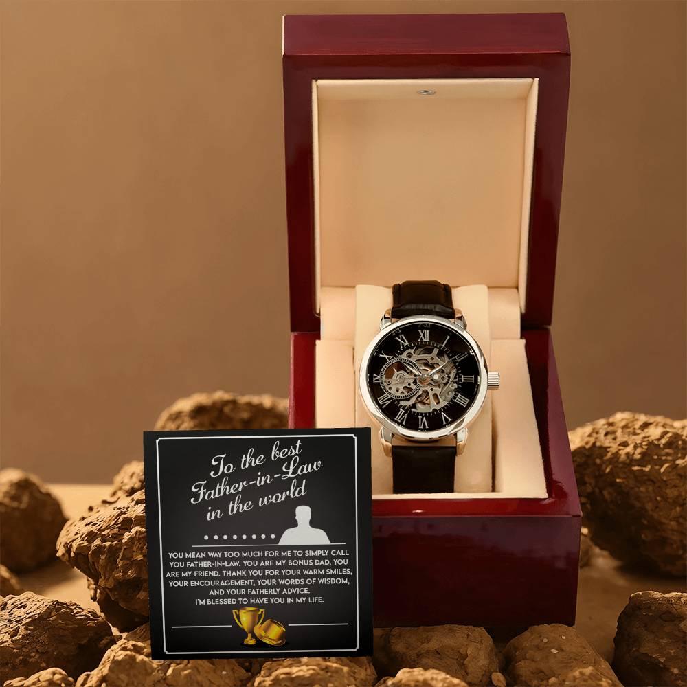 To the Best Father-In-Law My Bonus Dad, My Best Friend Men's Openwork Watch with Gift Box - Mallard Moon Gift Shop