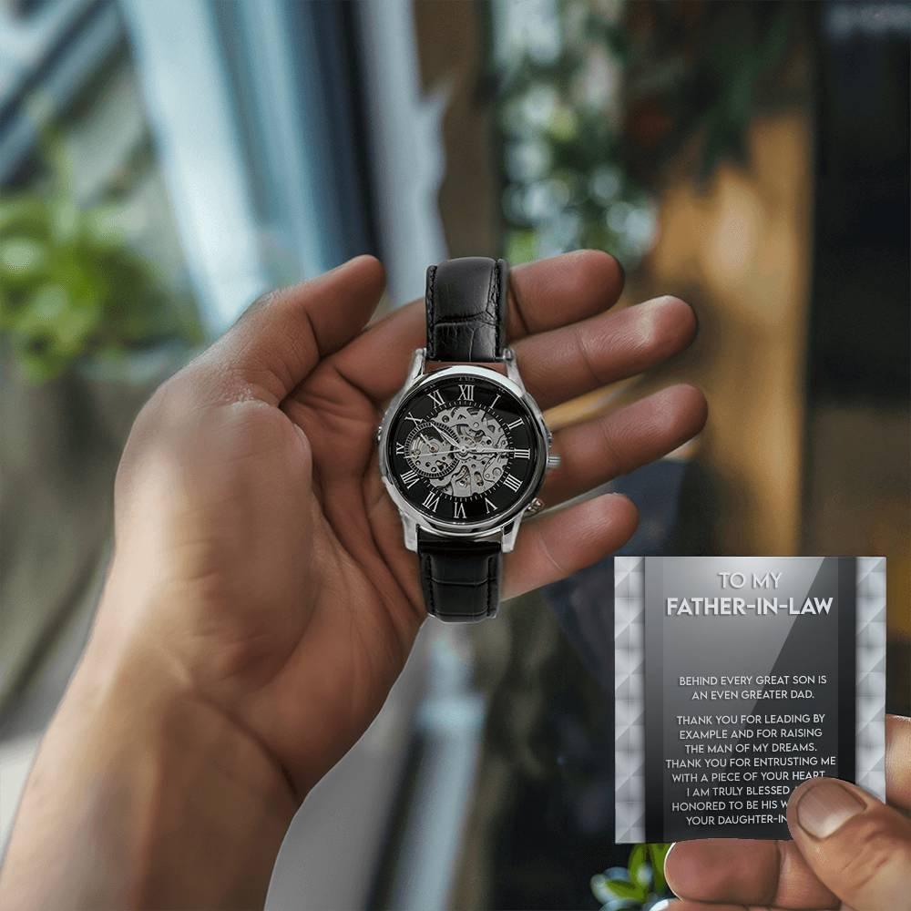 To My Father-in-Law Behind every Great Son is an Even Greater Dad Men's Openwork Watch with Gift Box - Mallard Moon Gift Shop