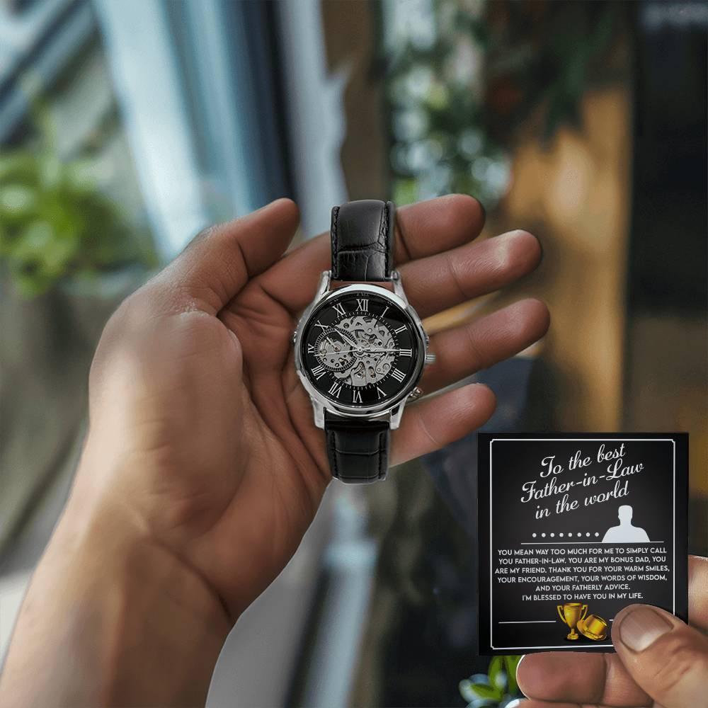 To the Best Father-In-Law My Bonus Dad, My Best Friend Men's Openwork Watch with Gift Box - Mallard Moon Gift Shop