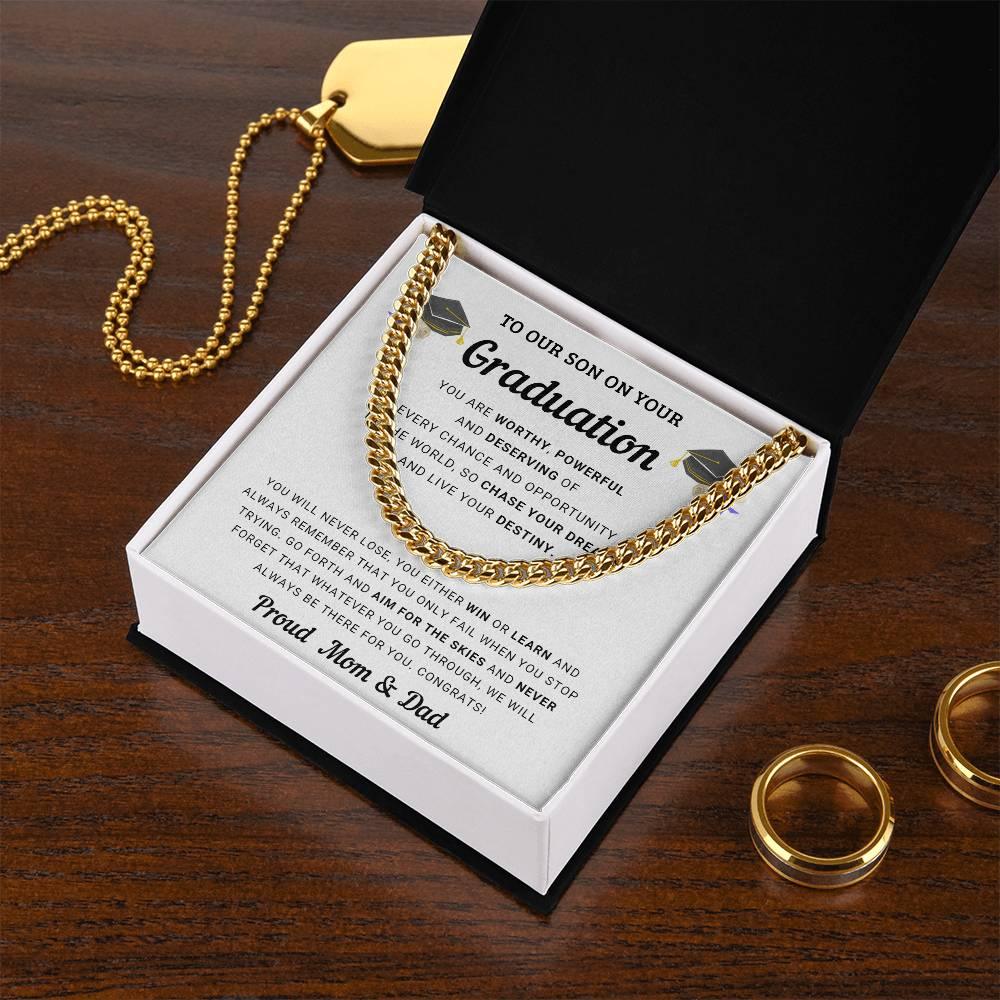 Graduation Gift for Son From Mom and Dad - Chase Your Dreams and Live Your Destiny - Cuban Chain Link Necklace - Mallard Moon Gift Shop