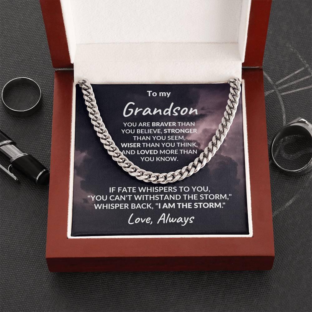 Grandson Jewelry Whisper Back "I Am The Storm" Graduation Birthday Holiday Personalized Cuban Chain Link Necklace With Gift Box - Mallard Moon Gift Shop