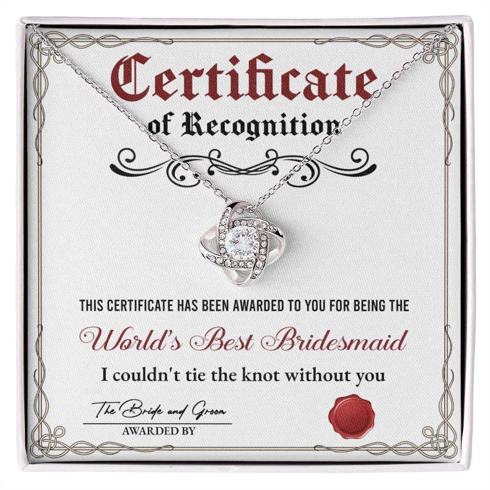 Bridesmaid Gift - Certificate Of Recognition Love Knot Pendant Necklace - Mallard Moon Gift Shop