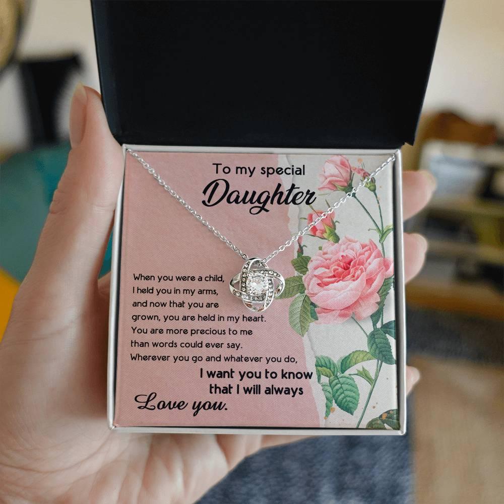 To My Daughter, I held You In My Arms Love Knot Necklace - Mallard Moon Gift Shop