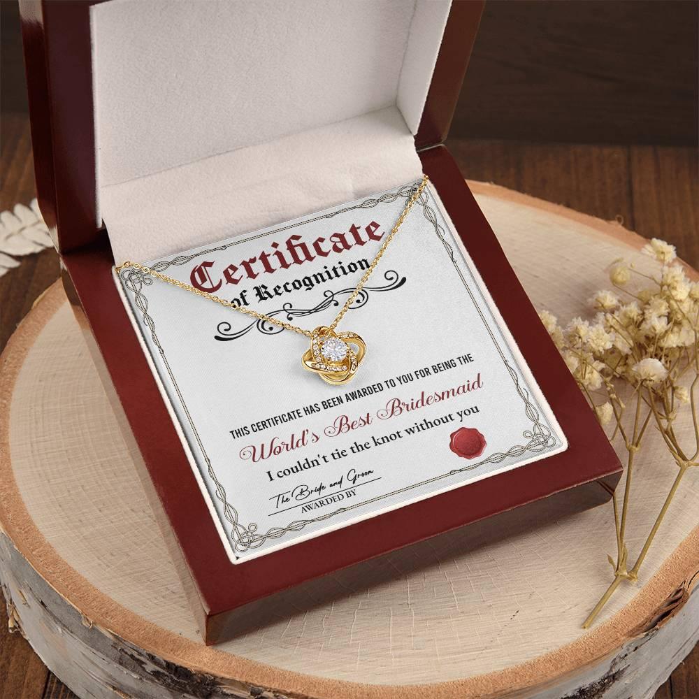 Bridesmaid Gift - Certificate Of Recognition Love Knot Pendant Necklace - Mallard Moon Gift Shop