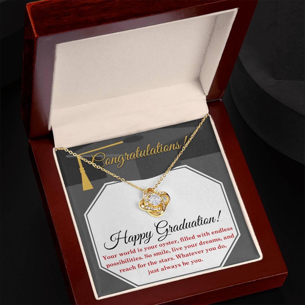 Happy Graduation-Your World is your Oyster Love Knot Pendant Necklace - Mallard Moon Gift Shop