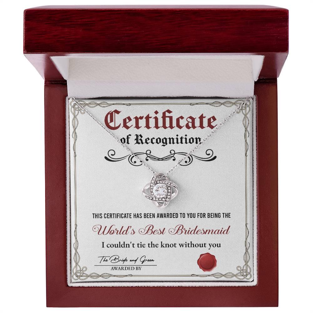 Bridesmaid Gift - Certificate Of Recognition Love Knot Pendant Necklace - Mallard Moon Gift Shop