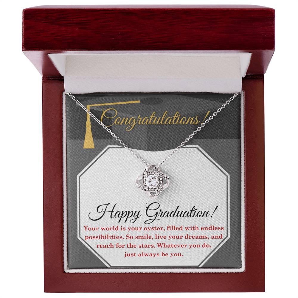Happy Graduation-Your World is your Oyster Love Knot Pendant Necklace - Mallard Moon Gift Shop