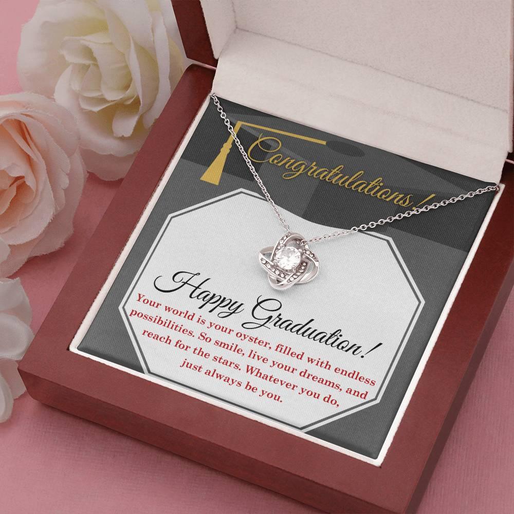 Happy Graduation-Your World is your Oyster Love Knot Pendant Necklace - Mallard Moon Gift Shop