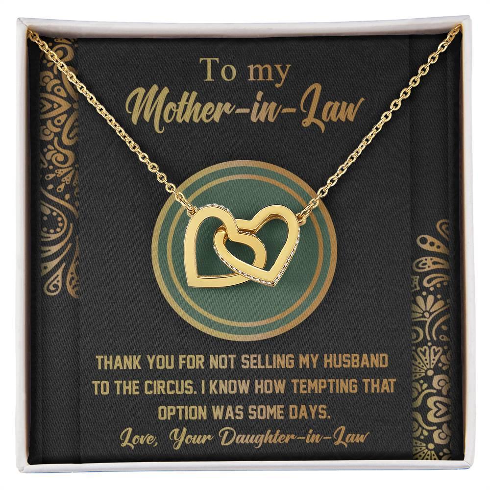 Gift for Mother-in-Law Thank You for Not Selling My Husband to the Circus Cross Interlocking Hearts Necklace - Mallard Moon Gift Shop