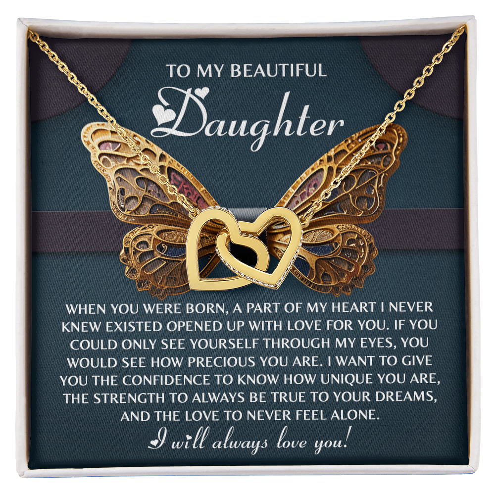 To My Beautiful Daughter- Never Feel Alone - Interlocking Hearts Necklace - Mallard Moon Gift Shop