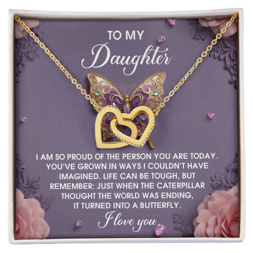 To My Daughter - Interlocking Hearts Necklace – Butterfly Transformation Message – Surgical Steel & Rose Gold Jewelry Gift for Birthday, Graduation, Christmas – Luxury LED Box Option - Mallard Moon Gift Shop