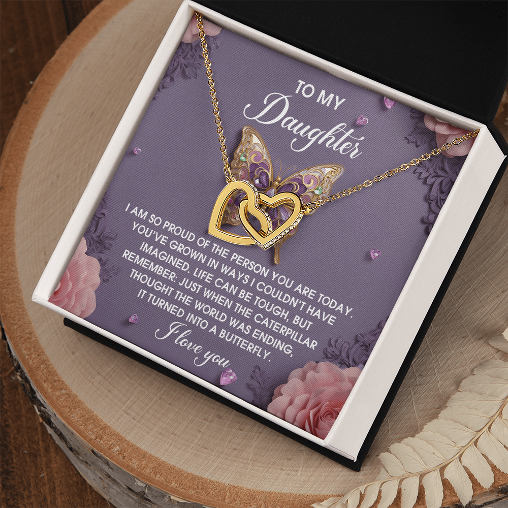 To My Daughter - Interlocking Hearts Necklace – Butterfly Transformation Message – Surgical Steel & Rose Gold Jewelry Gift for Birthday, Graduation, Christmas – Luxury LED Box Option - Mallard Moon Gift Shop