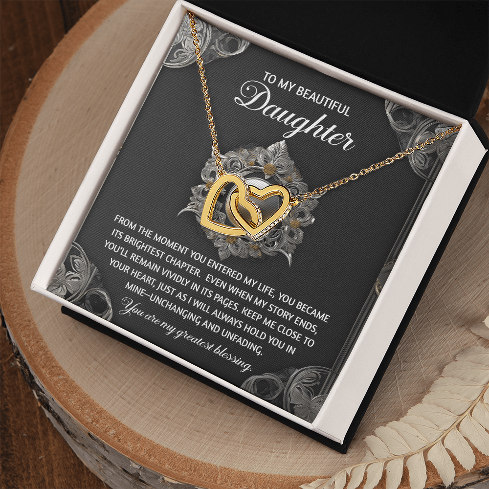 To My Beautiful Daughter - Interlocking Hearts Necklace with Sentimental Message – Birthday, Graduation, Christmas Jewelry – Luxury LED Box Option - Mallard Moon Gift Shop
