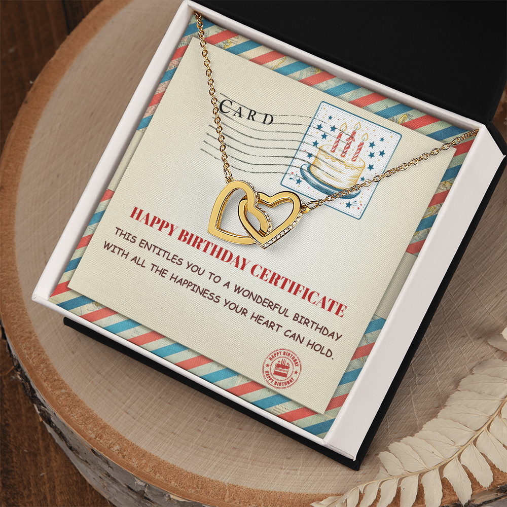 Happy Birthday Personalized Certificate Interlocking Hearts Necklace | Playful Birthday Gift for Her | Fun & Heartfelt Keepsake - Mallard Moon Gift Shop