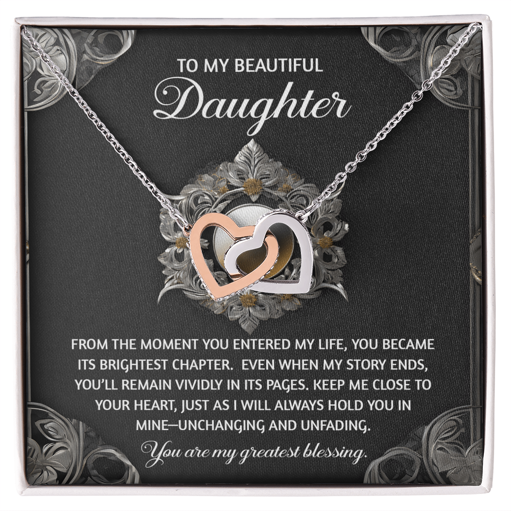 To My Beautiful Daughter - Interlocking Hearts Necklace with Sentimental Message – Birthday, Graduation, Christmas Jewelry – Luxury LED Box Option - Mallard Moon Gift Shop