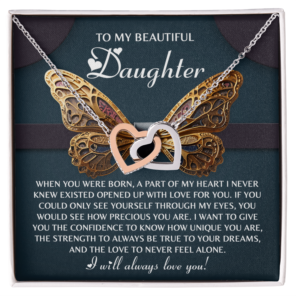 To My Beautiful Daughter- Never Feel Alone - Interlocking Hearts Necklace - Mallard Moon Gift Shop