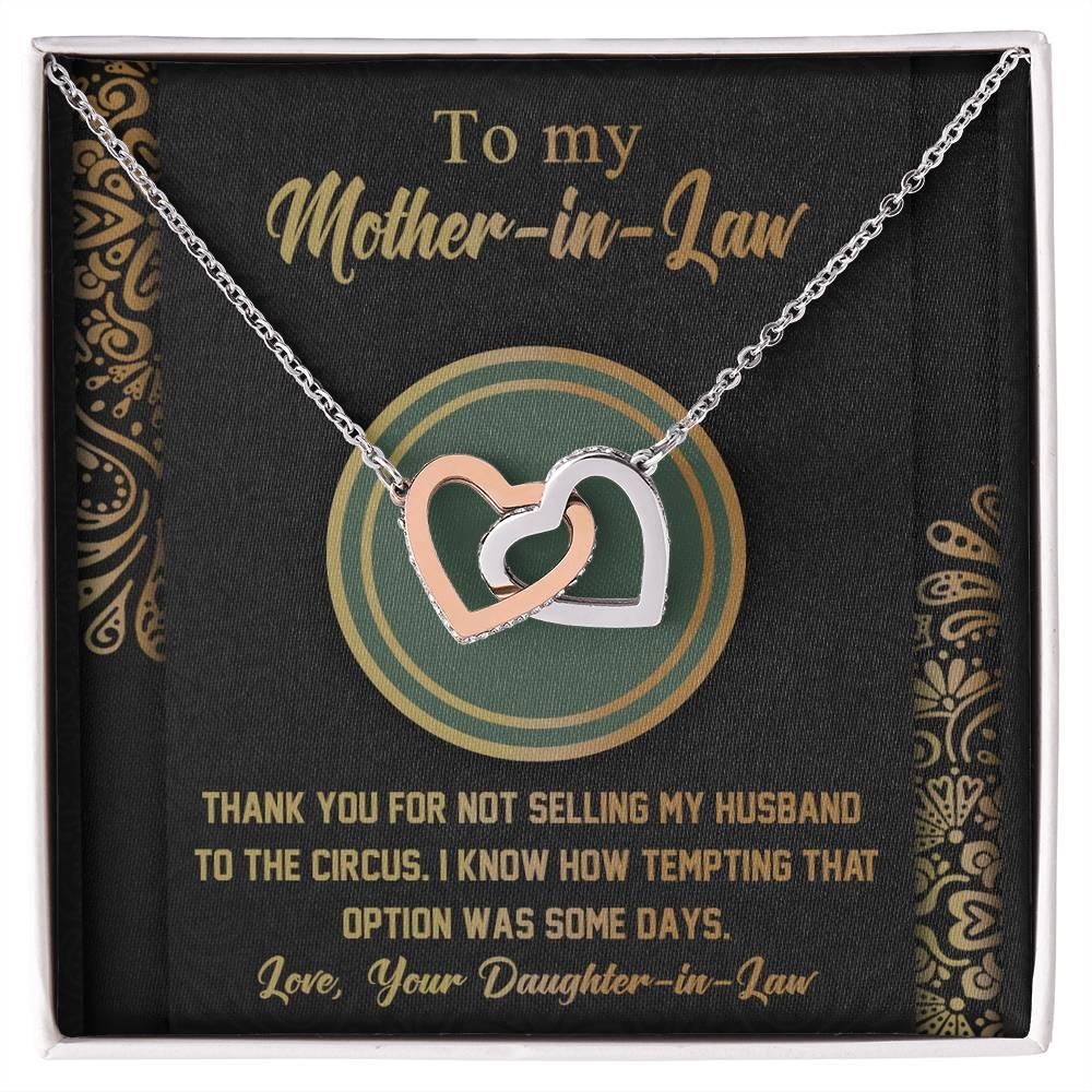 Gift for Mother-in-Law Thank You for Not Selling My Husband to the Circus Cross Interlocking Hearts Necklace - Mallard Moon Gift Shop