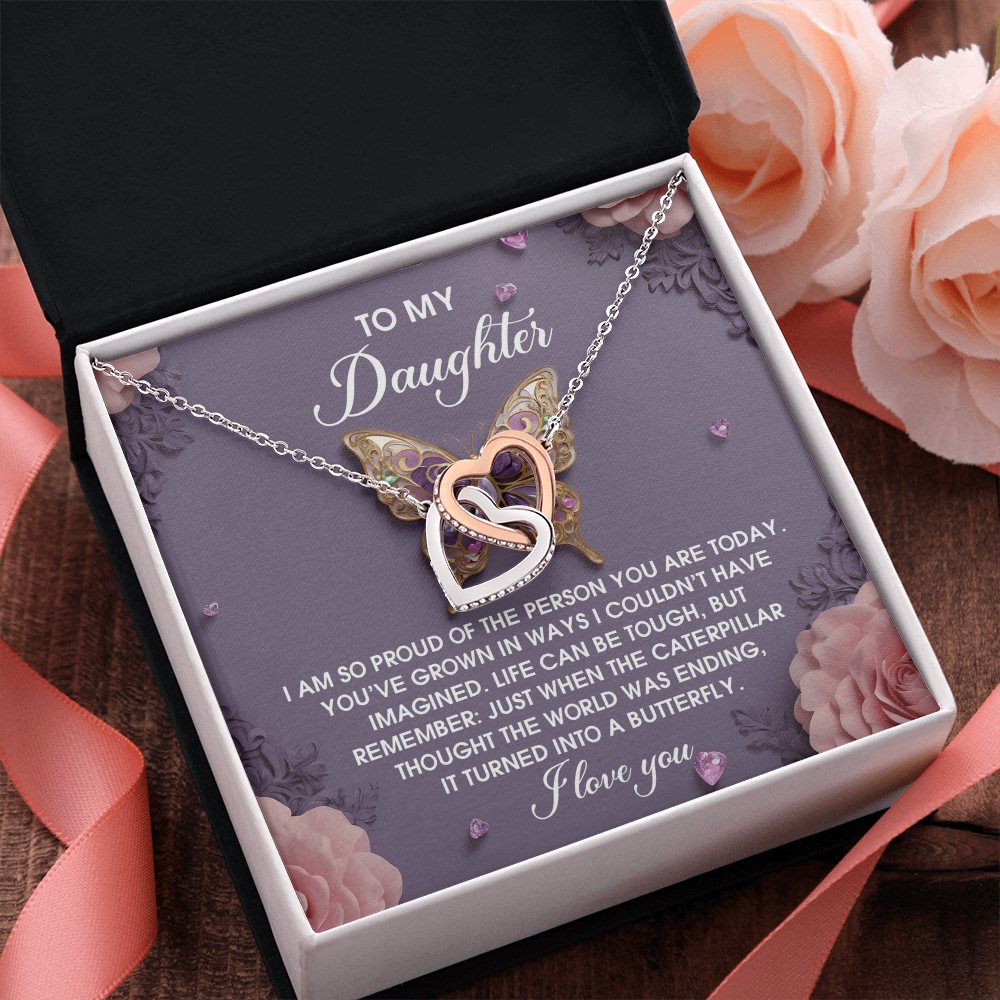 To My Daughter - Interlocking Hearts Necklace – Butterfly Transformation Message – Surgical Steel & Rose Gold Jewelry Gift for Birthday, Graduation, Christmas – Luxury LED Box Option - Mallard Moon Gift Shop