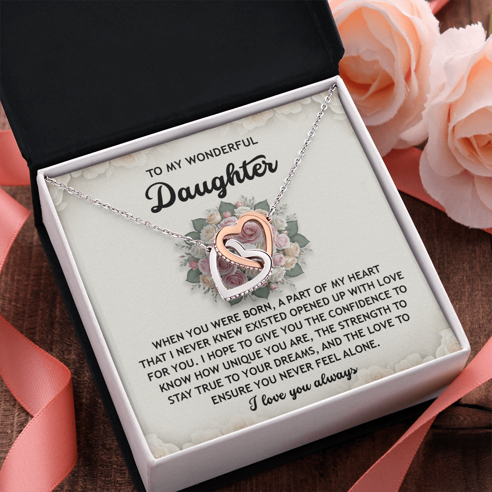 To My Wonderful Daughter -Stay True To Your Dreams- Interlocking Hearts Necklace - Mallard Moon Gift Shop