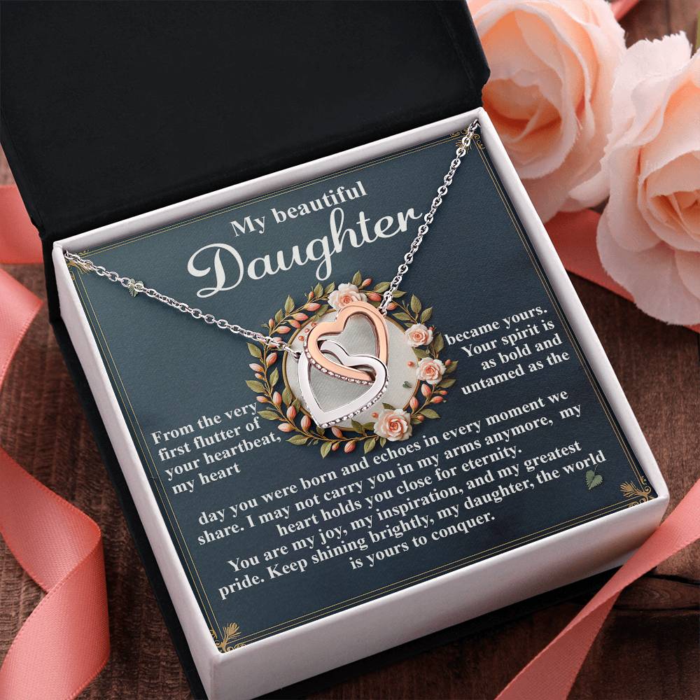 To My Beautiful Daughter - First Flutter of Your Heart Beat - Interlocking Hearts Necklace – Sentimental Gift of Love & Encouragement - Mallard Moon Gift Shop