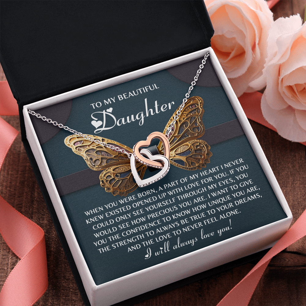 To My Beautiful Daughter- Never Feel Alone - Interlocking Hearts Necklace - Mallard Moon Gift Shop