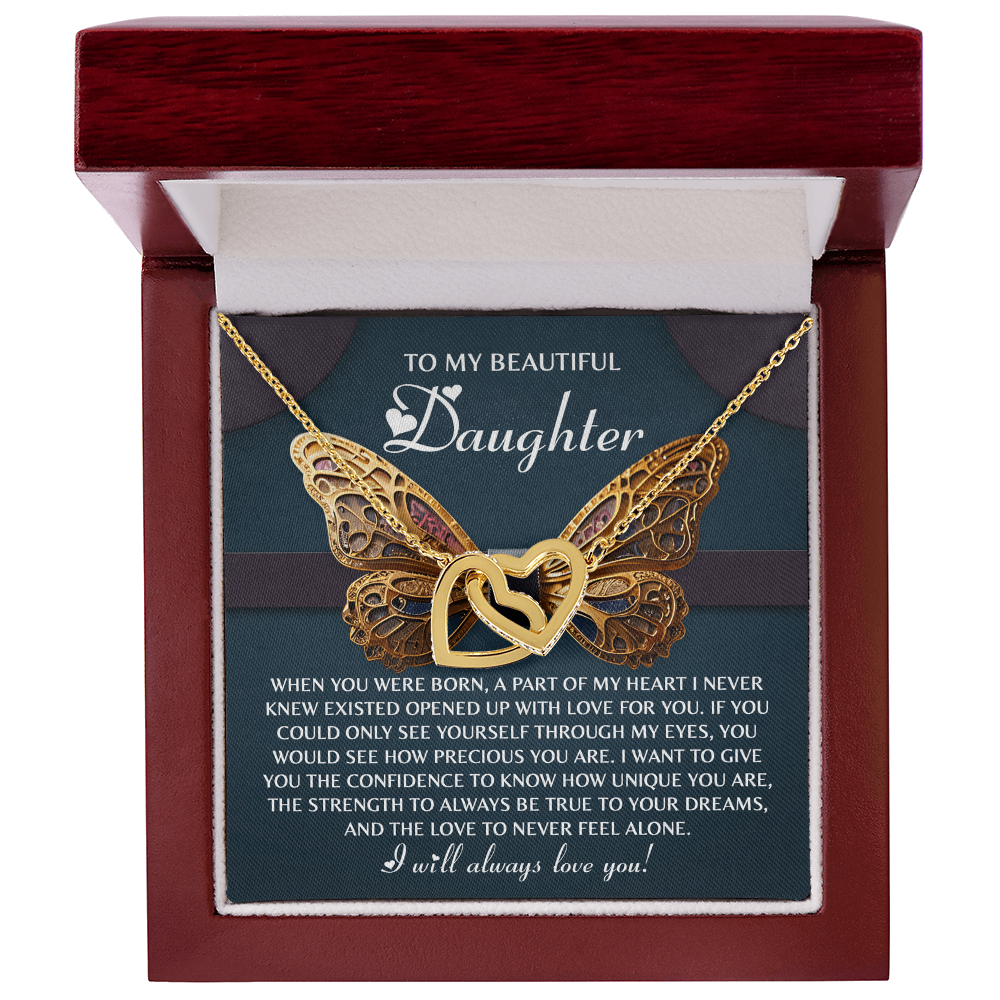 To My Beautiful Daughter- Never Feel Alone - Interlocking Hearts Necklace - Mallard Moon Gift Shop