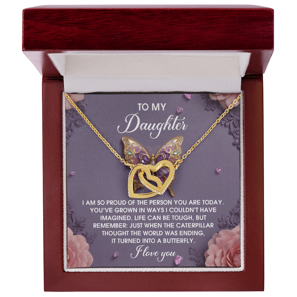 To My Daughter - Interlocking Hearts Necklace – Butterfly Transformation Message – Surgical Steel & Rose Gold Jewelry Gift for Birthday, Graduation, Christmas – Luxury LED Box Option - Mallard Moon Gift Shop
