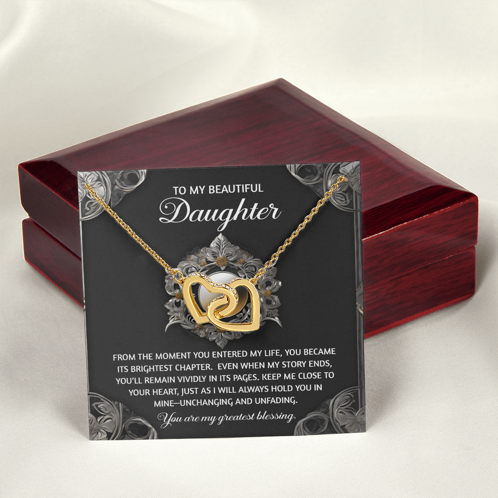 To My Beautiful Daughter - Interlocking Hearts Necklace with Sentimental Message – Birthday, Graduation, Christmas Jewelry – Luxury LED Box Option - Mallard Moon Gift Shop