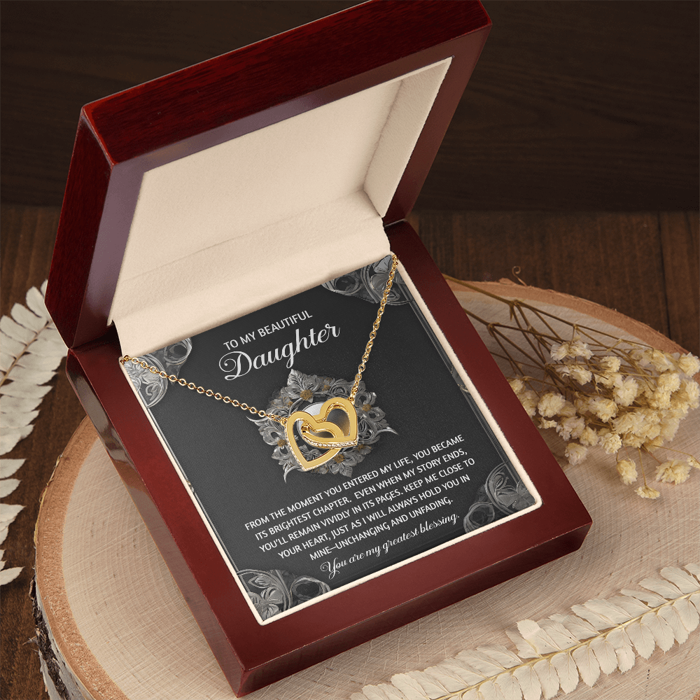To My Beautiful Daughter - Interlocking Hearts Necklace with Sentimental Message – Birthday, Graduation, Christmas Jewelry – Luxury LED Box Option - Mallard Moon Gift Shop