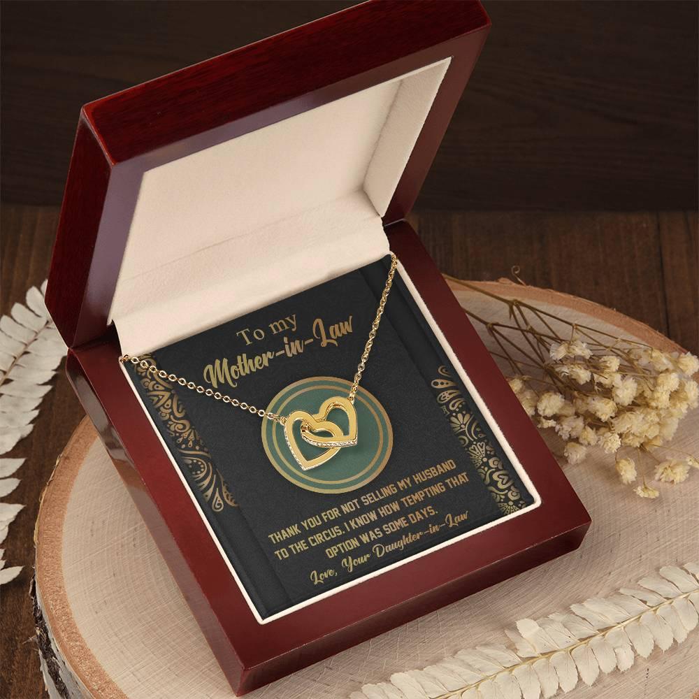 Gift for Mother-in-Law Thank You for Not Selling My Husband to the Circus Cross Interlocking Hearts Necklace - Mallard Moon Gift Shop