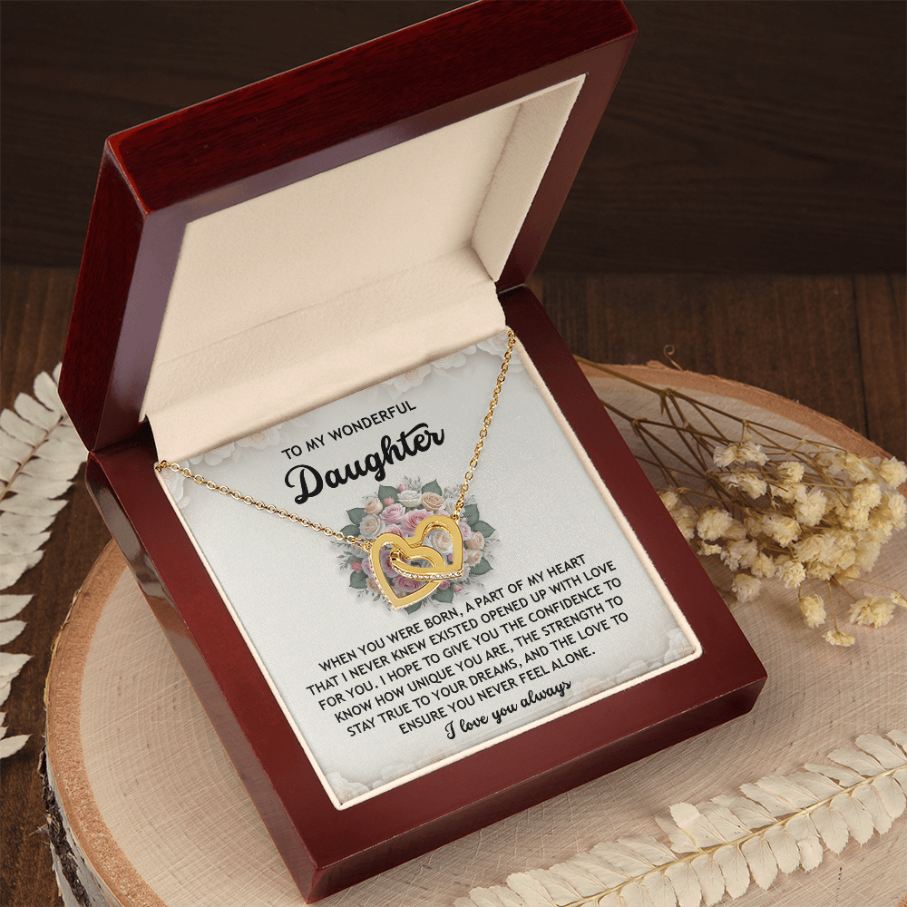 To My Wonderful Daughter -Stay True To Your Dreams- Interlocking Hearts Necklace - Mallard Moon Gift Shop