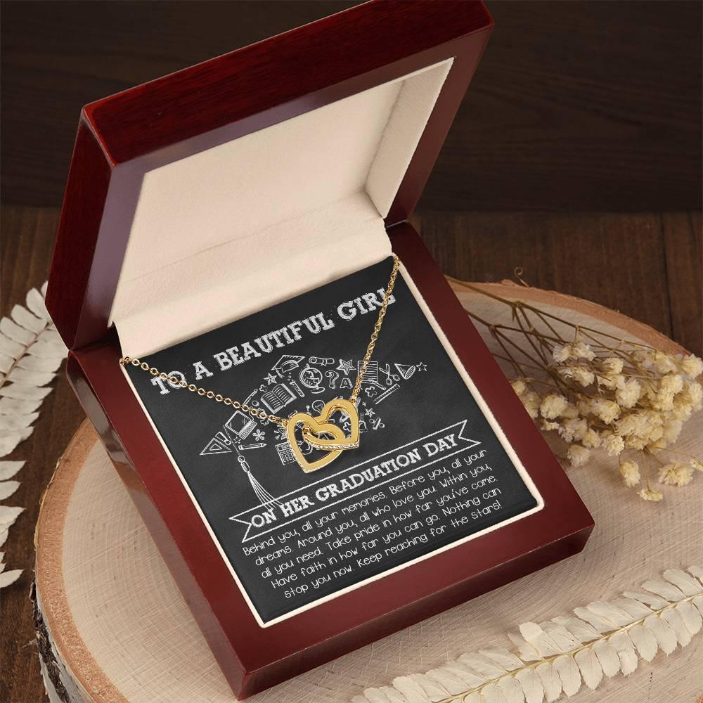To A Beautiful Girl Graduation Gift Keep Reaching for the Stars Interlocking Hearts Pendant Necklace and Gift Box - Mallard Moon Gift Shop