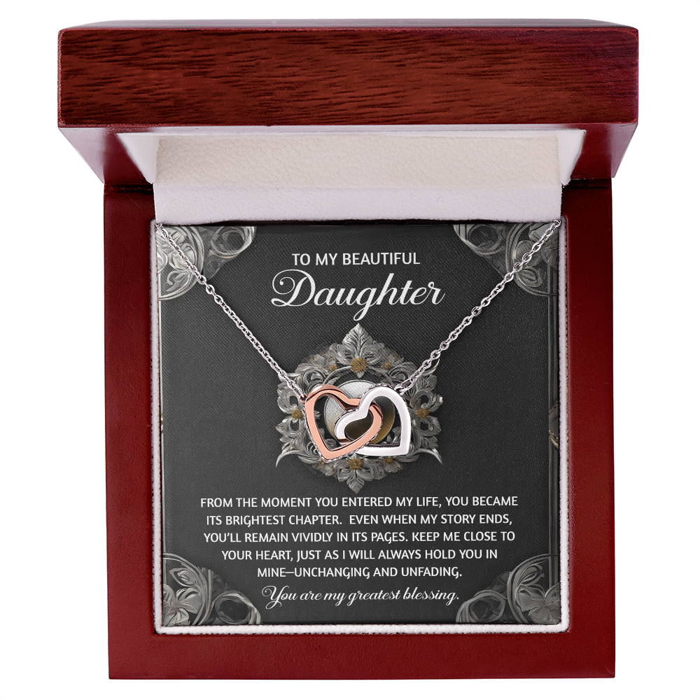 To My Beautiful Daughter - Interlocking Hearts Necklace with Sentimental Message – Birthday, Graduation, Christmas Jewelry – Luxury LED Box Option - Mallard Moon Gift Shop
