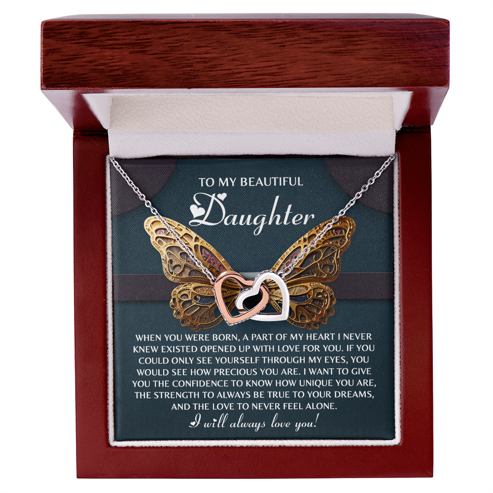 To My Beautiful Daughter- Never Feel Alone - Interlocking Hearts Necklace - Mallard Moon Gift Shop